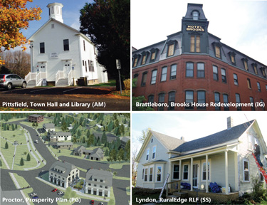 Photos of Pittsfield Town Hall and Library, Brattleboro Brooks House, Proctors Prosperity Plan and Lyndon Rural Edge Revolving Loan Fund Housing Rehab projects.
