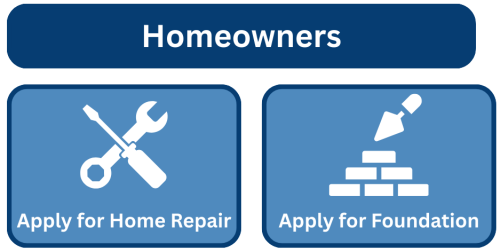 Homeowners MHIR Application for Home Repair (wrench and screwdriver icon)and Foundation (bricks with tool icon)