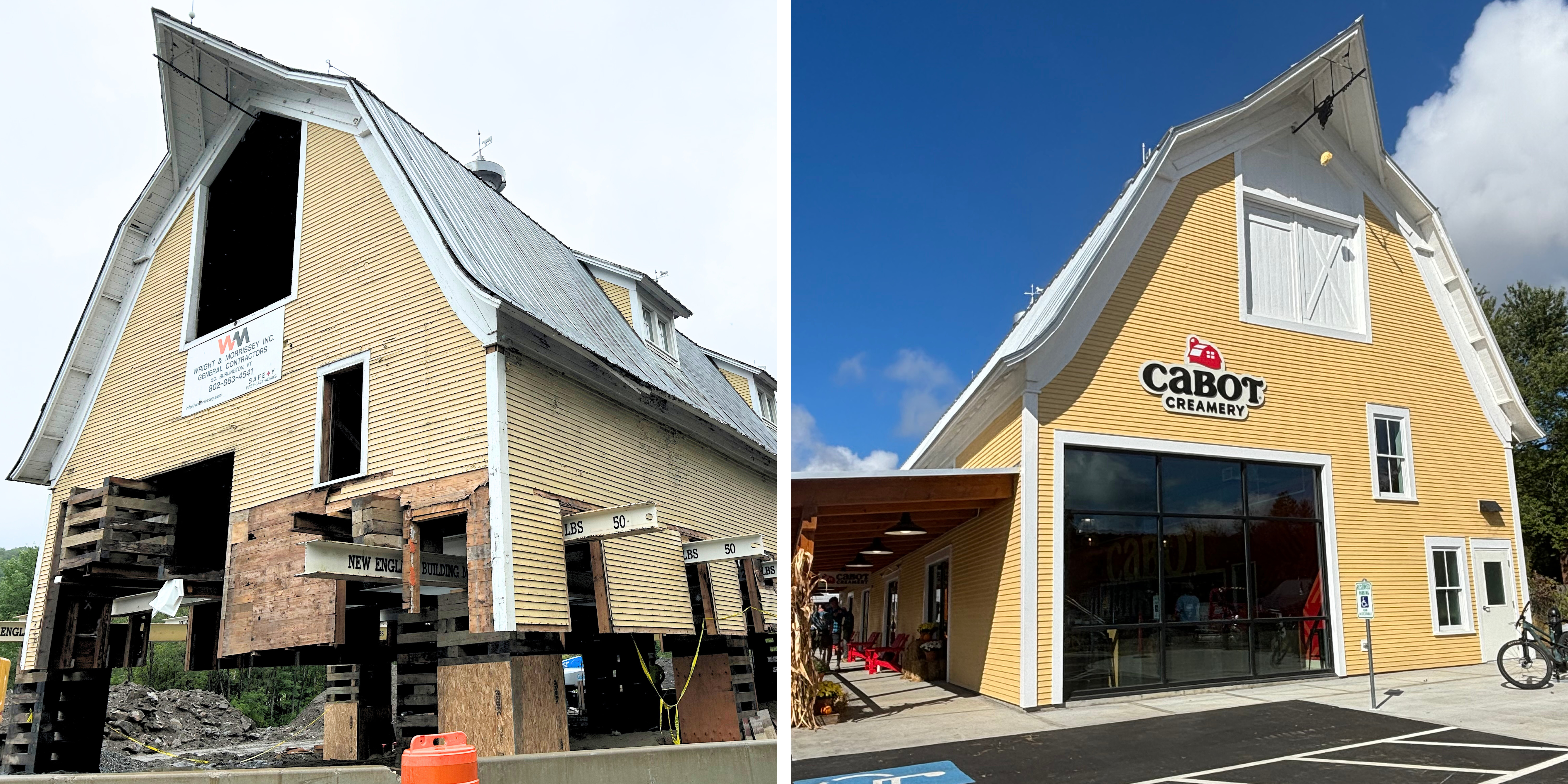 Two images side by side. Left is barn under construction, right is the finished barn.