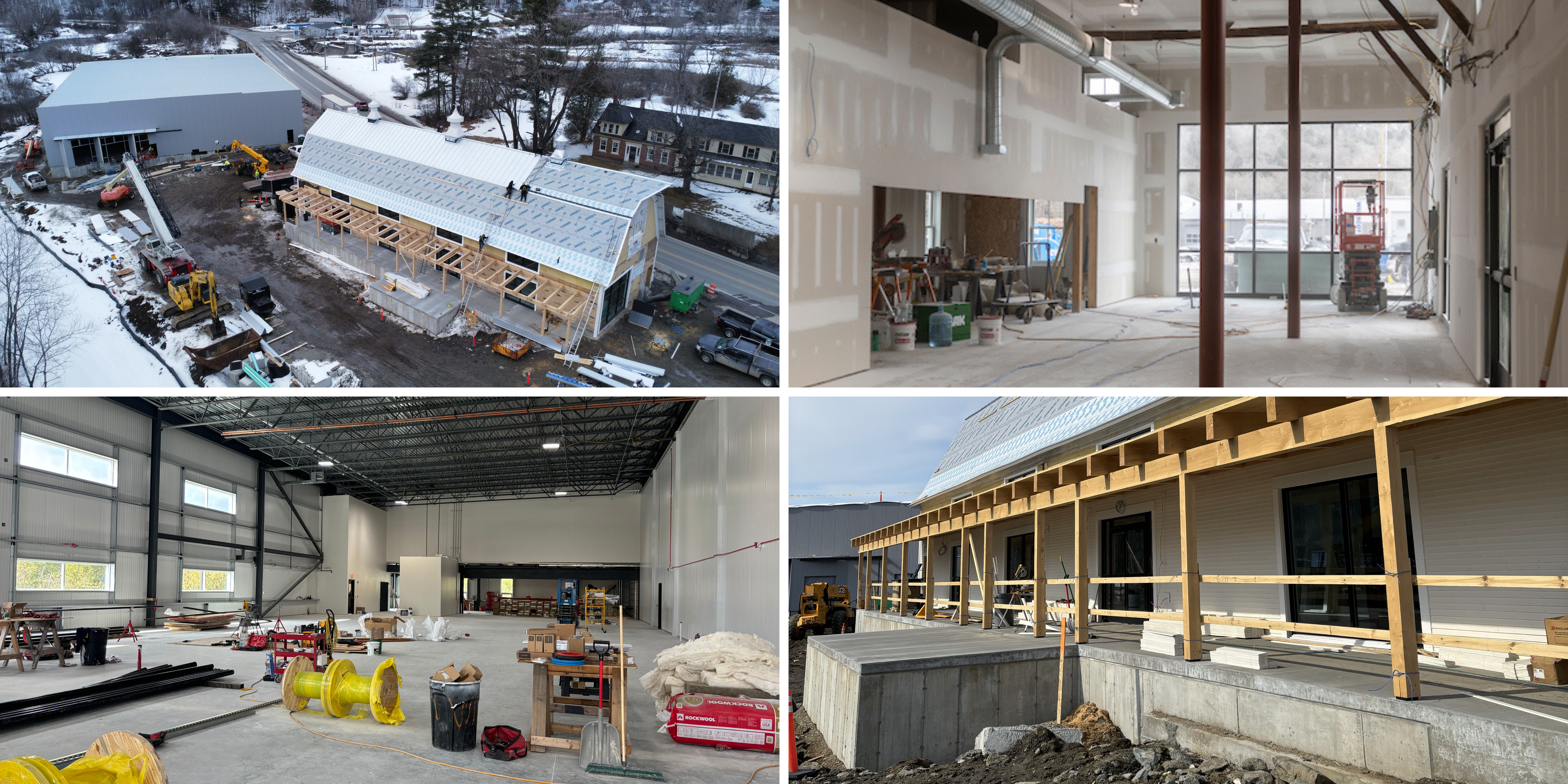 Four images of a barn under construction during various stages of construction.