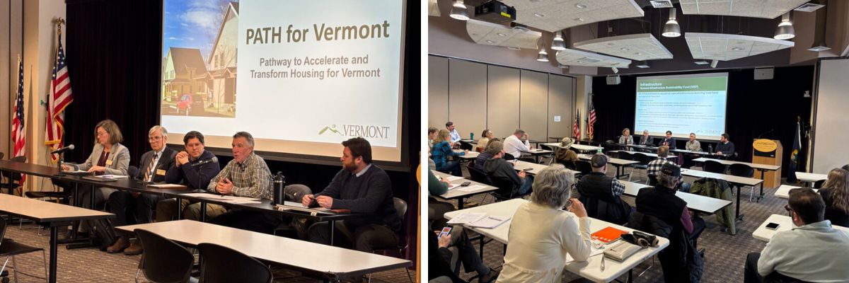 Panel discussion at a "PATH for Vermont" conference with five participants seated at a table with microphones in front of a banner and American flags. Audience members, seated at tables, are listening and taking notes