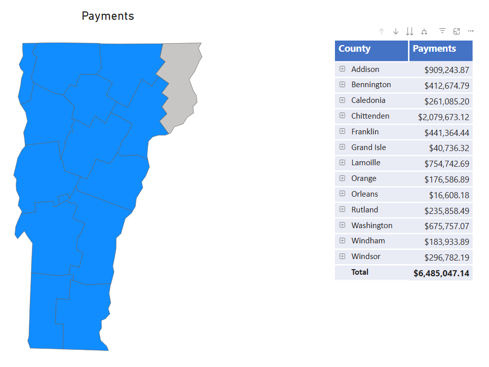 Map showing MHIR payments by county