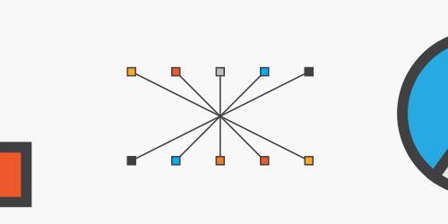 Abstract graphic featuring a central node connected by lines to various colored squares, flanked by a square and a circular shape.