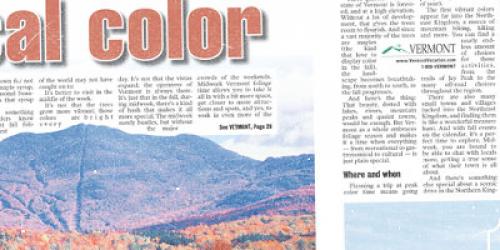A magazine spread featuring the text "Local color VERMONT" above a landscape of hills and colorful trees.